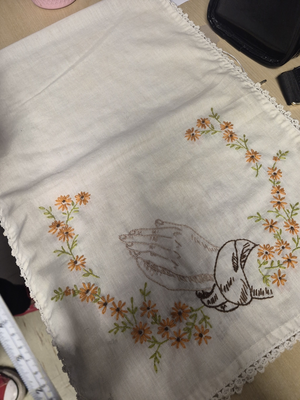 Hand-Embroidered White Prayer Hand Table Runner 36" Long
